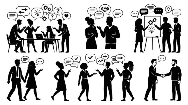 Silhouettes of diverse people engaged in various forms of communication and discussion.