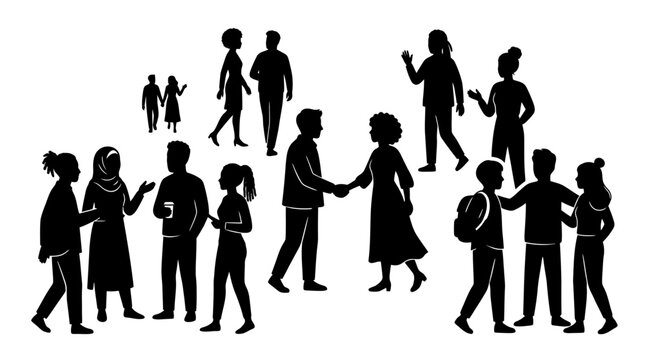Silhouettes of diverse people interacting in various social settings.