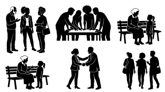 Silhouettes of diverse people engaging in various social interactions and activities.