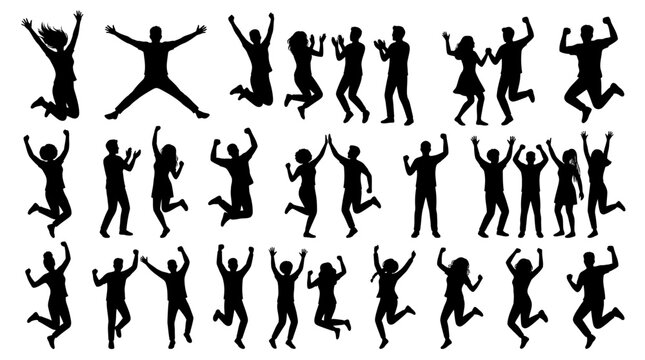 Silhouettes of diverse people jumping with joy and excitement.