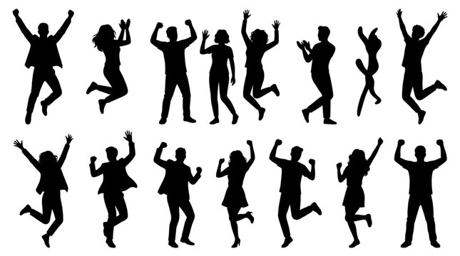 Silhouettes of diverse people jumping with joy and excitement.