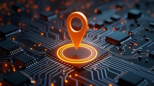 Digital map pin animation on glowing circuit board technology background with subtle motion