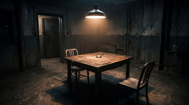 interior of the old house, Empty interrogation room with a table and chairs for police investigation.