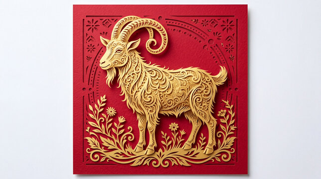 chinese new year card, Chinese New Year, year of the goat. Chinese goat on a red background, with copy space 2027