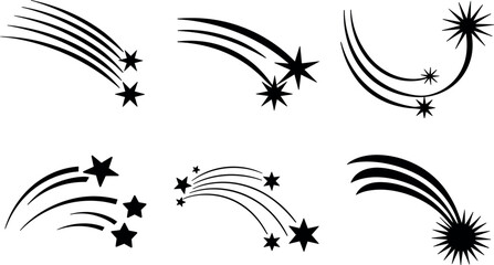 Shooting star black silhouette icons vector set, falling comet and meteor collection © Mim
