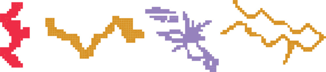 Fototapeta premium Pixel art magic spell effects, pixelated lightning bolts and energy strikes vector