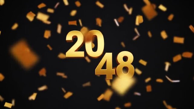 Countdown to New Year 2048 with golden confetti celebration. Futuristic digital timer for milestone event launch or tech countdown.
