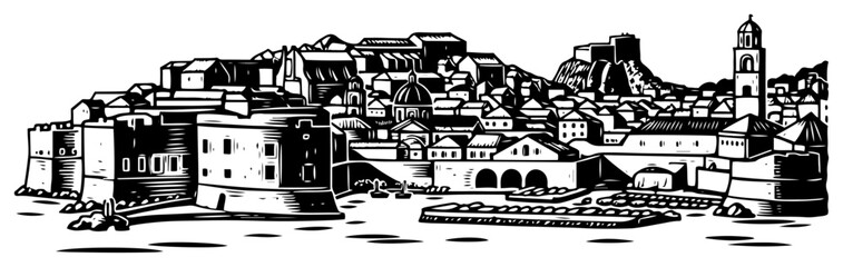 Naklejka premium Old town coastal city panorama with medieval walls and church steeples travel destination skyline silhouette