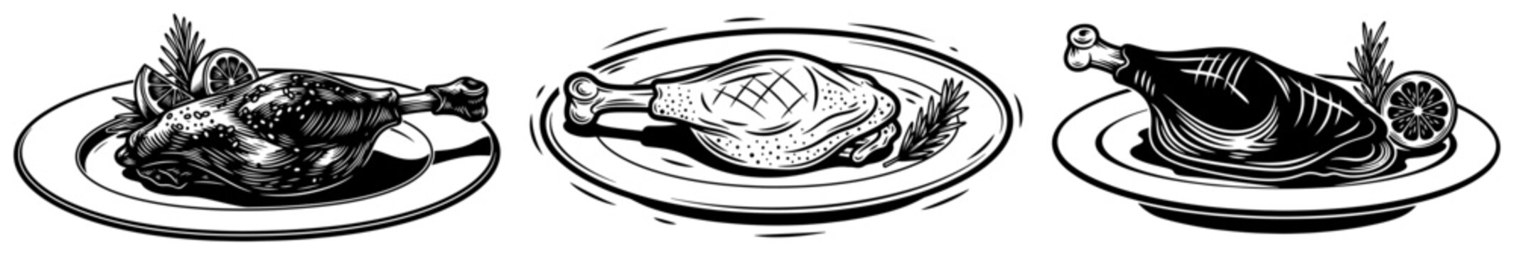 Roasted chicken poultry dinner set cooked meat on plates with garnish for restaurant menu and festive meals