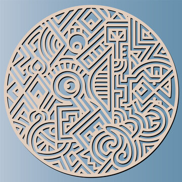 Round geometric ornament for laser cut or decorative coaster. Tribal ethnic pattern with abstract maze line art. Vector illustration for cnc machine, wood, metal craft