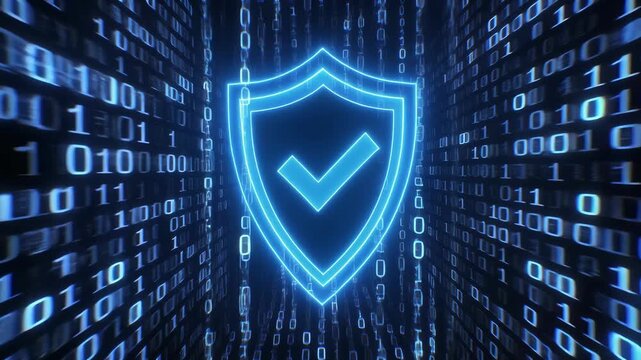 Glowing blue shield icons with checkmarks moving through a digital binary code data tunnel with cinematic motion