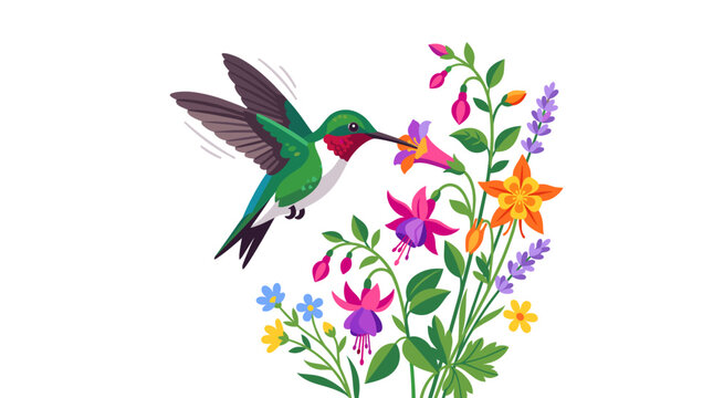 Vibrant hummingbird feeding on colorful spring flowers. Graceful green bird hovering near blooming garden blossoms for nature design.