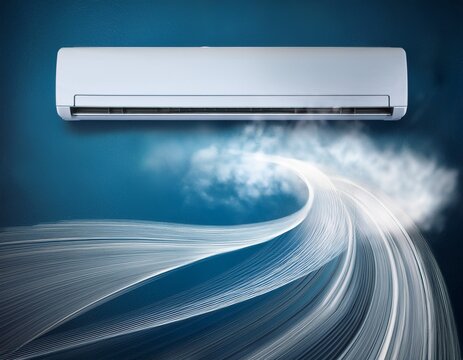air conditioner and wind or air flow to show cool and fresh ac indoor unit or evaporator and wall mounted that is part of mini split system or ductless system type