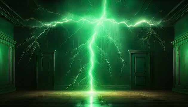 electric green lightning bolt illuminates a darkened room with an otherworldly glow its vibrant hue casting an ethereal light on the surrounding space shockwave atmospheric