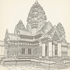 Obraz premium Detailed line drawing of an intricate ancient temple structure with multiple towers