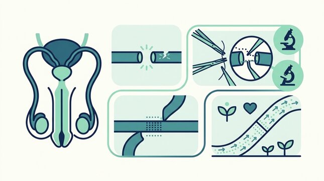 Diagrams and shapes explain male fertility health and the process of vasectomy reversal microsurgery for educational use in health services.