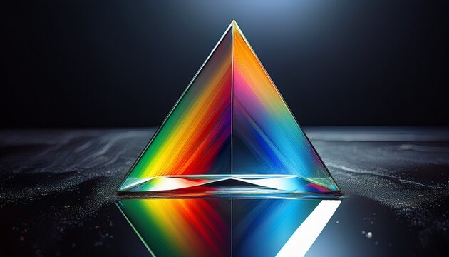 triangular prism refracting white light into a rainbow spectrum on a wet reflective surface