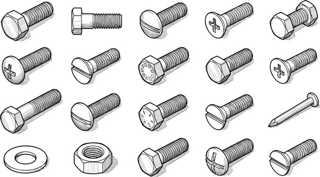 Collection of hand drawn screws, bolts, nuts, and hardware fasteners in vintage sketch style vector illustration