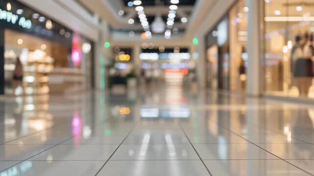 Modern Shopping Mall Interior with Reflective Floors and Bright Storefronts during Day