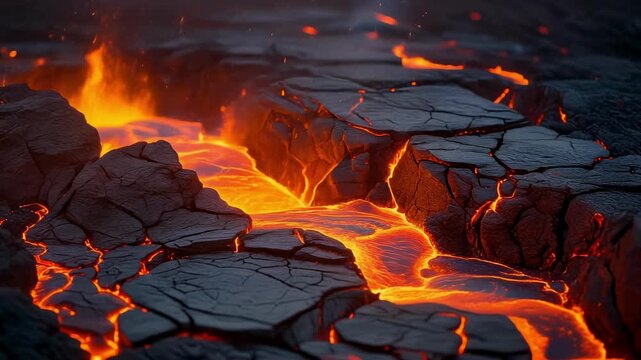 Molten lava flowing across cracked volcanic earth during fiery eruption with dramatic atmospheric glow