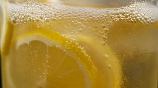 Close-up of a refreshing sparkling drink with bright yellow lemon slices and tiny bubbles.
