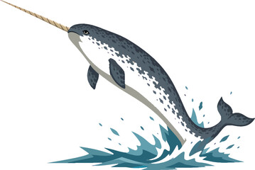 Narwhal breaching Arctic water, side view full body with majestic tusk, flat vector illustration © Kerem