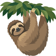 Fototapeta premium Sloth hanging from canopy in three-quarter view, relaxed pose, slow movement, flat vector illustration