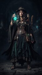 Fototapeta premium Halloween A mystical enchantress stands resolute, her gaze fixed forward, holding a glowing vial of ethereal liquid. She is adorned in a distinctive, rugged attire.