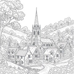Obraz premium Scenic village landscape with church, trees, and hilly terrain