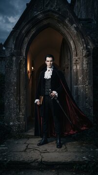 Halloween A mysterious vampire stands before an ancient gothic archway, cloaked in dramatic shadow and rich fabric, holding a book and sword.