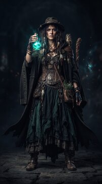 Halloween A mystical enchantress stands resolute, her gaze fixed forward, holding a glowing vial of ethereal liquid. She is adorned in a distinctive, rugged attire.