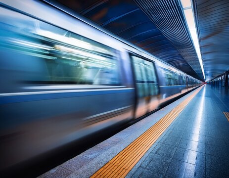 speeding subway train in underground station motion blur