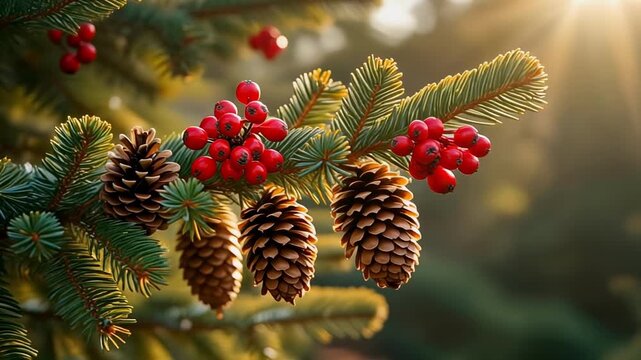 Pine cones and red berries on a fir branch with warm sunlight during golden hour with shallow depth of field