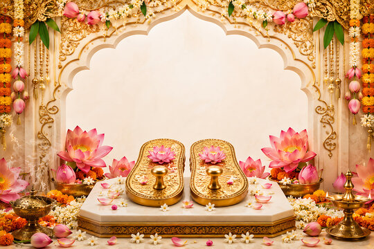 Ornate golden sacred footprints displayed among pink lotus blossoms, marigolds, jasmine garlands, incense, and traditional lamps beneath an elegant floral temple arch for devotional worship