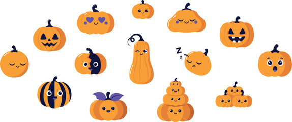 Naklejka premium Cute kawaii pumpkins and autumn harvest character collection
