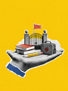 Hand holding school supplies and gate in paper collage symbolizing back to school support learning and new academic beginnings
