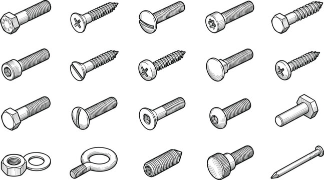 Set of various screws bolts nuts and hardware fasteners line art vector illustration isolated on white background