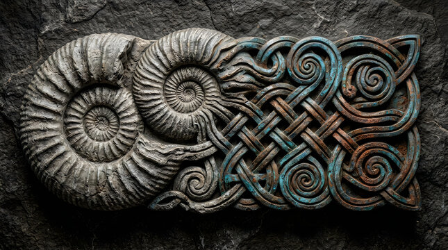 Fossil Ammonite Shells, Celtic Knotwork Design, Ancient Patterns, Gray Blue Copper Colors