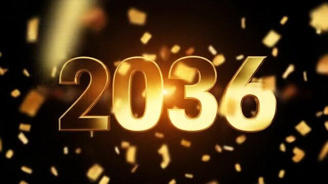 Golden 2036 number celebration with glowing sparkles. Futuristic metallic year countdown for new year or event milestone.