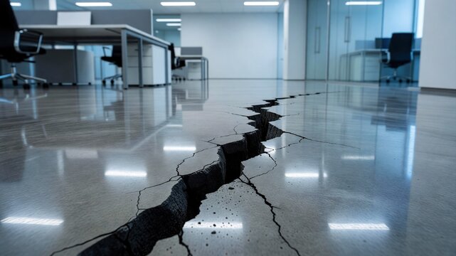 A deep, jagged crack splits the polished concrete floor in a modern, empty office environment.