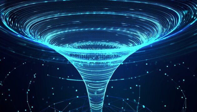 abstract digital funnel vortex of glowing particles on a dark background data analysis concept