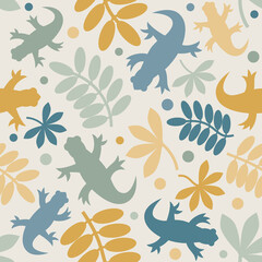 Obraz premium Pattern with Tropical Leaves and Lizards. Seamless Decorative Background.