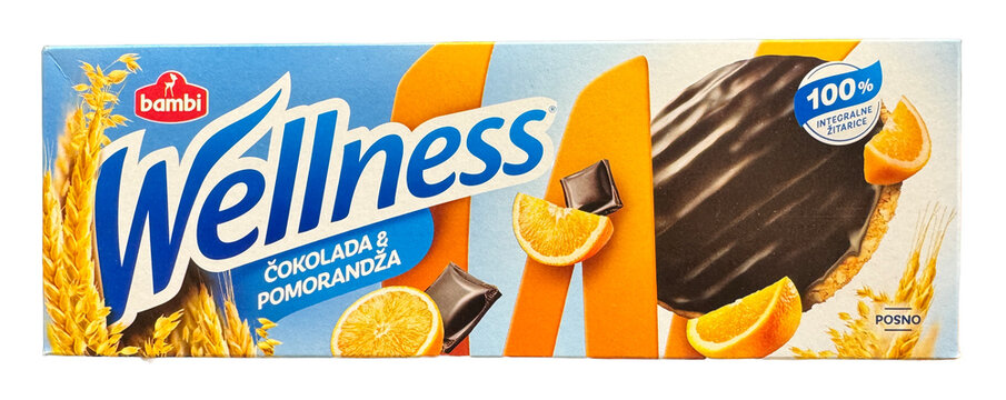 Package of Bambi Wellness chocolate and orange flavored cookies.