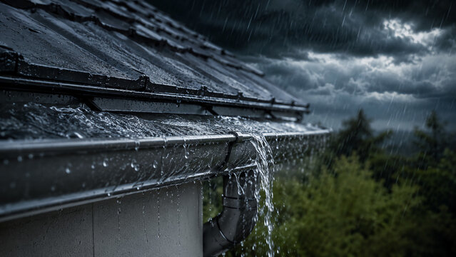 Heavy rain pours off a dark rooftop gutter under stormy skies, with water cascading down and trees visible in the background.