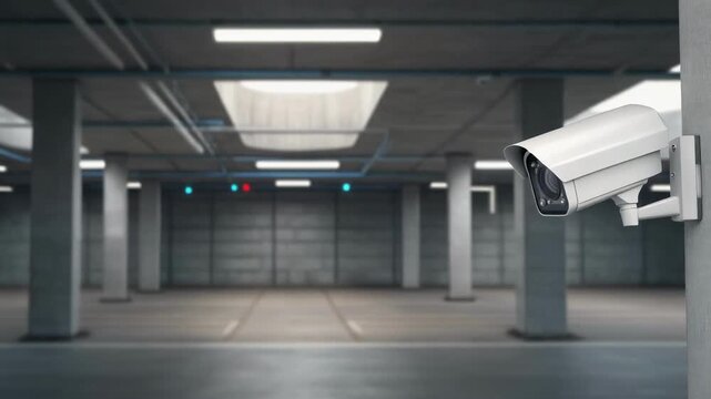 Security camera mounted on concrete pillar in empty underground parking garage with overhead lighting