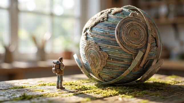 A tiny person with a backpack looks up at a large, detailed globe, suggesting a grand adventure or exploration