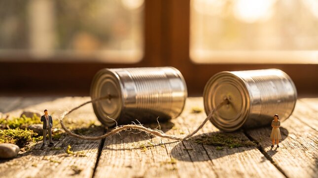 A miniature man and woman are using tin can telephones to communicate with each other. The cans are connected by a string, and the scene is set on a wooden surface with moss and rocks