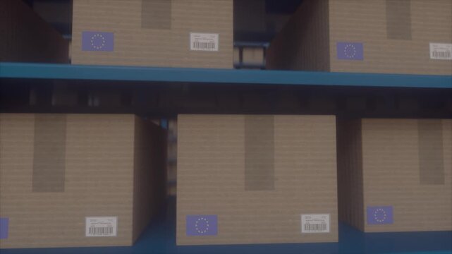 Cardboard Shipping Boxes With European Union Labels on Warehouse Shelves