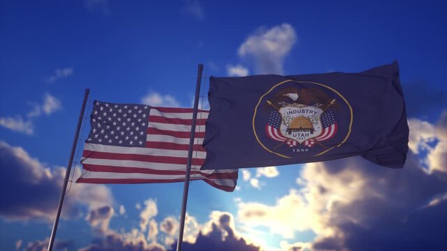 American and Utah State Flags Waving Against Dramatic Sunset Sky