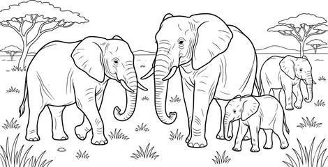 African elephant family herd in savanna landscape black and white outline vector illustration for coloring book © Suad Khan